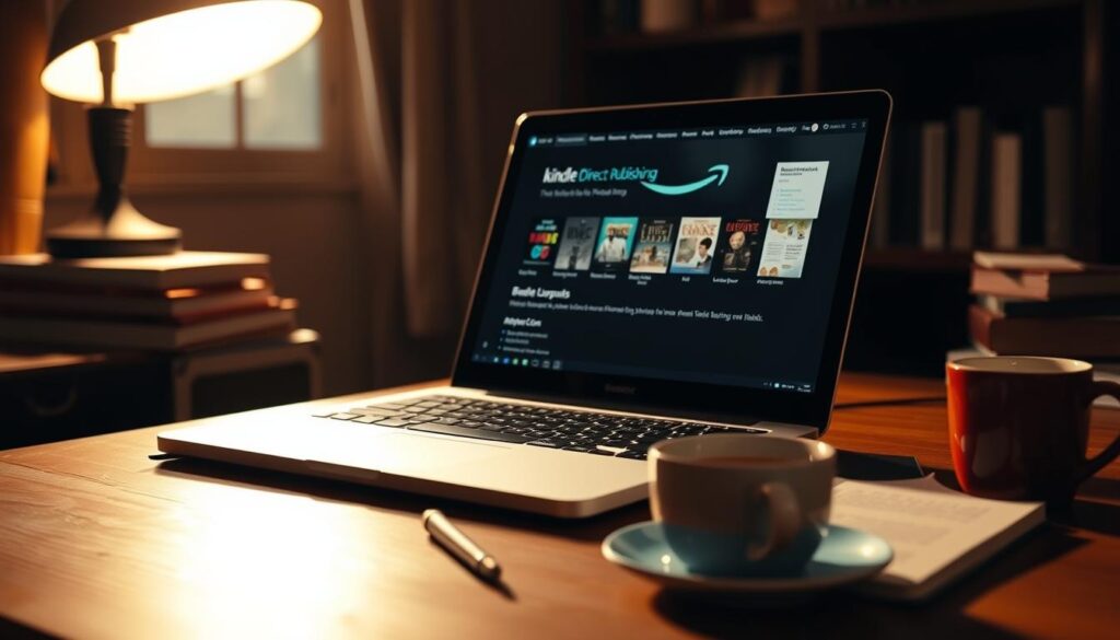 A dimly lit desk, with a laptop open, displaying the Amazon Kindle Direct Publishing platform. On the desk, a stack of books, a pen, and a cup of coffee. The room is filled with a warm, cozy atmosphere, hinting at the solitary, focused effort required for self-publishing. The lighting casts subtle shadows, emphasizing the careful attention to detail. The overall mood conveys the challenges and perseverance inherent in the self-publishing journey. A dimly lit desk, with a laptop open, displaying the Amazon Kindle Direct Publishing platform. On the desk, a stack of books, a pen, and a cup of coffee. The room is filled with a warm, cozy atmosphere, hinting at the solitary, focused effort required for self-publishing. The lighting casts subtle shadows, emphasizing the careful attention to detail. The overall mood conveys the challenges and perseverance inherent in the self-publishing journey.