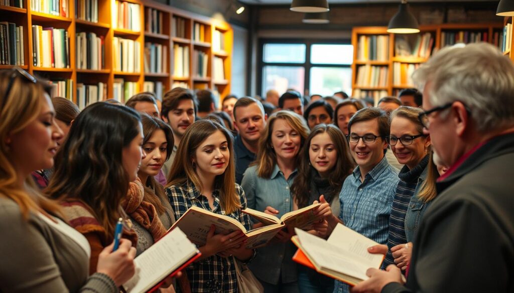 A lively crowd of engaged readers, faces aglow with rapt attention, gathered in a cozy, well-lit bookstore setting. Bookshelves line the walls, casting a warm glow. Fingers flip through pages, pens scribble in notebooks, as the audience leans in, hanging on the author's every word. A sense of shared excitement and intellectual curiosity permeates the scene, capturing the joy of meaningful connection between writers and their devoted readers. A lively crowd of engaged readers, faces aglow with rapt attention, gathered in a cozy, well-lit bookstore setting. Bookshelves line the walls, casting a warm glow. Fingers flip through pages, pens scribble in notebooks, as the audience leans in, hanging on the author's every word. A sense of shared excitement and intellectual curiosity permeates the scene, capturing the joy of meaningful connection between writers and their devoted readers.