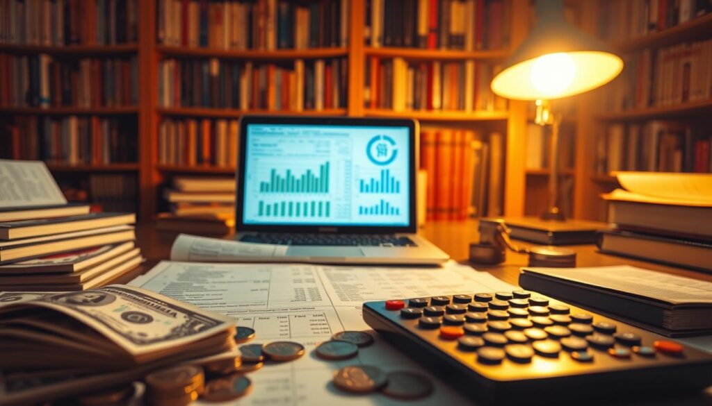 A meticulously detailed spreadsheet filled with financial data, illuminated by warm, focused lighting from an overhead lamp. The foreground features stacks of dollar bills, coins, and a calculator, conveying the tangible financial aspects of self-publishing. The middle ground showcases a laptop displaying graphs and charts, representing the digital tools and data analysis crucial for managing self-publishing finances. In the background, bookshelves filled with neatly organized volumes suggest the wider publishing landscape. The overall scene exudes a sense of professionalism, control, and diligent financial management, aligning with the subject of "Understanding the Financial Aspects" of self-publishing. A meticulously detailed spreadsheet filled with financial data, illuminated by warm, focused lighting from an overhead lamp. The foreground features stacks of dollar bills, coins, and a calculator, conveying the tangible financial aspects of self-publishing. The middle ground showcases a laptop displaying graphs and charts, representing the digital tools and data analysis crucial for managing self-publishing finances. In the background, bookshelves filled with neatly organized volumes suggest the wider publishing landscape. The overall scene exudes a sense of professionalism, control, and diligent financial management, aligning with the subject of "Understanding the Financial Aspects" of self-publishing.