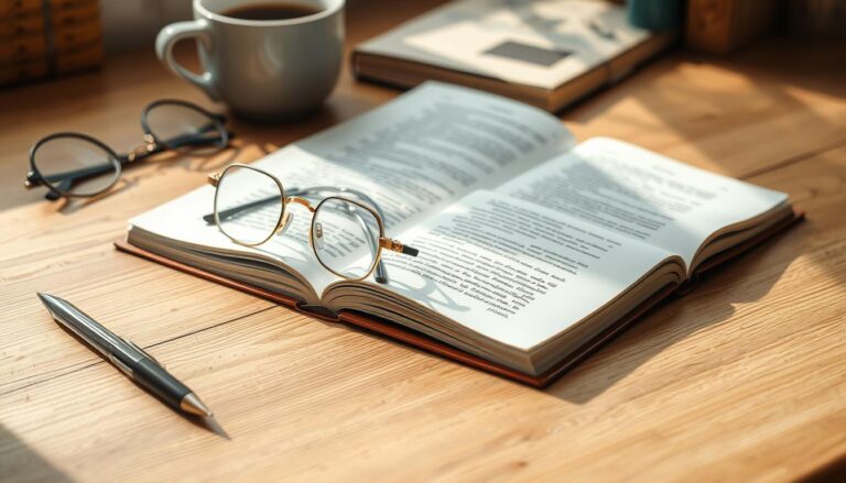a high-quality eBook lying open on a wooden desk, surrounded by a pair of wireframe glasses, a pen, and a cup of coffee. The lighting is soft and natural, creating a cozy, focused atmosphere. The eBook's pages are crisp and clean, with no visible imperfections, symbolizing the importance of quality control in self-publishing. The overall scene conveys a sense of diligence and attention to detail, reflecting the meticulous process of ensuring the eBook's content and presentation meet high standards.